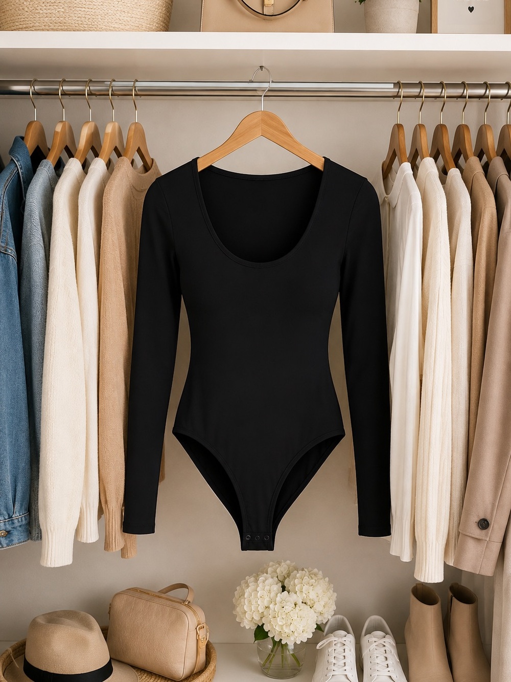 Black Long-Sleeve Scoop Neck Bodysuit - Classic Women's Top